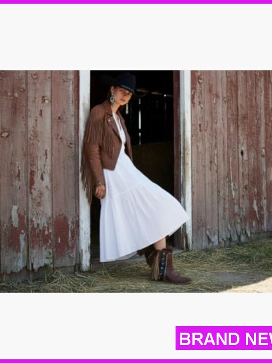Western Fringe Ankle Boots Studded Turquoise Stones Block Heel Cowgirl Chic - Picture 2 of 7